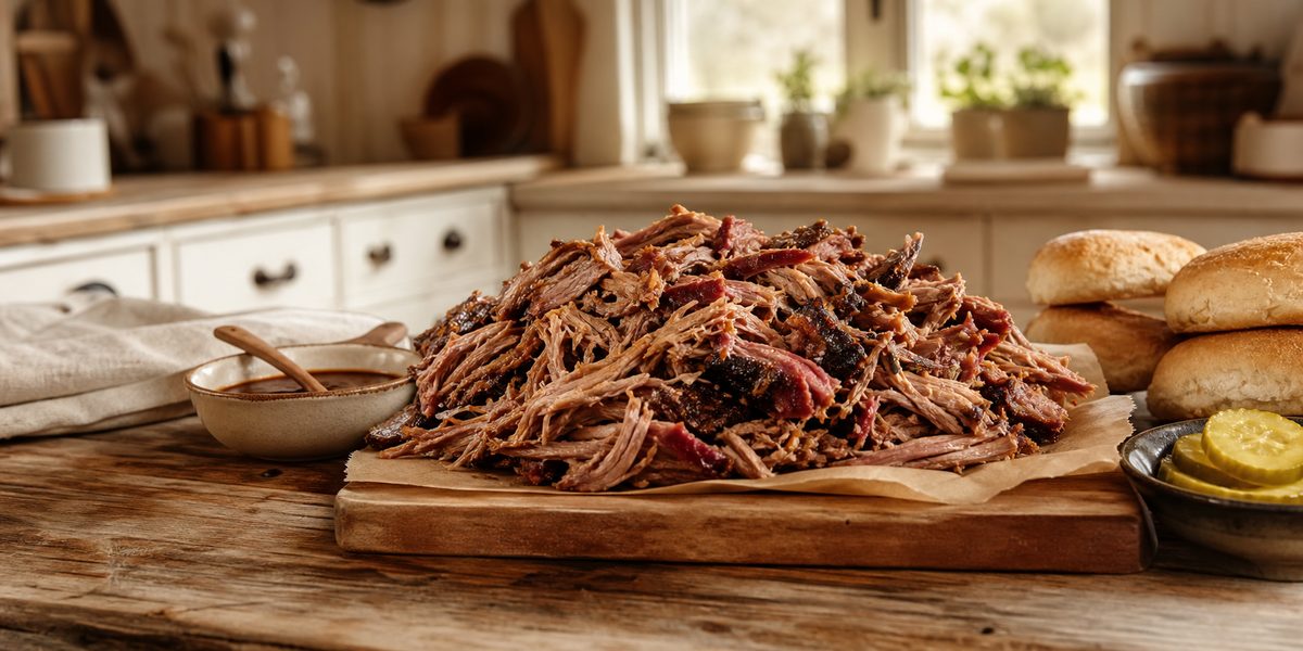 Pulled pork on a wooden table in a country kitchen